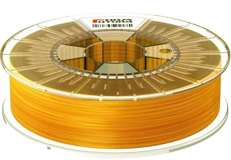 FormFortura HDGlass PETG filament spool, showcasing its high gloss and transparent properties, ideal for 3D printing.