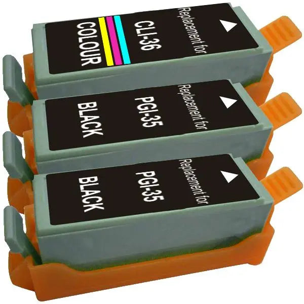 PGI-35 CLI-36 Compatible Inkjet Cartridge Set featuring two black cartridges and one color cartridge, ideal for high-quality printing.