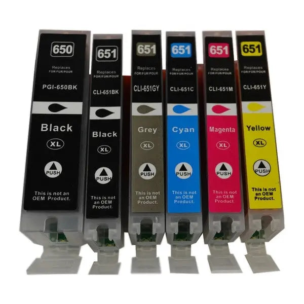 PGI-650XL CLI-651XL Compatible Inkjet Set featuring six cartridges in a boxed set, including black, cyan, magenta, yellow, photo black, and grey.