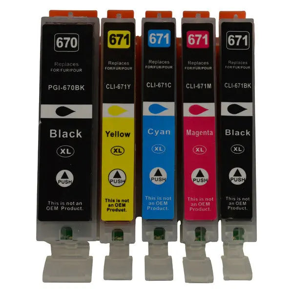 PGI-670XL CLI-671XL Compatible Inkjet Set featuring five cartridges in vibrant colors including black, cyan, magenta, yellow, and photo black.