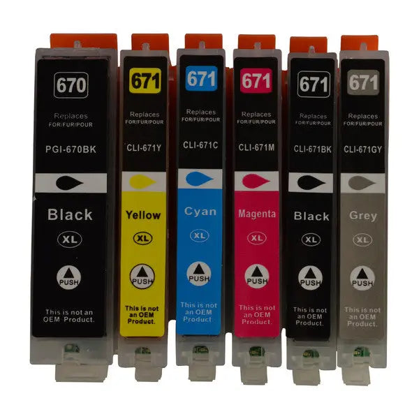 PGI-670XL CLI-671XL Compatible Inkjet Set featuring six cartridges in black, cyan, magenta, yellow, photo black, and grey for vibrant printing.