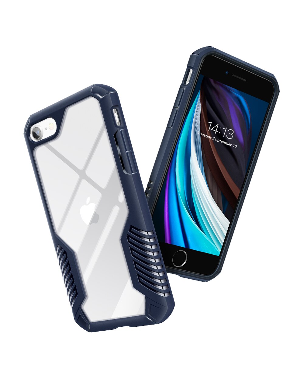 Heavy-duty military-grade shockproof phone case for iPhone SE 2020, 8, and 7, showcasing its transparent design and durable TPU material.