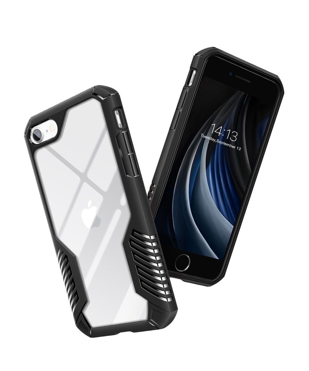 Heavy-duty military-grade shockproof phone case for iPhone SE 2020, 8, and 7, showcasing its transparent design and durable TPU material.