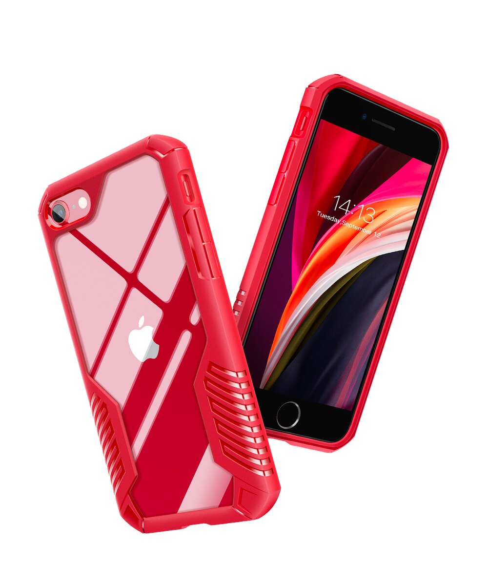 Heavy-duty military-grade shockproof phone case for iPhone SE 2020, 8, and 7, showcasing its transparent design and durable TPU material.