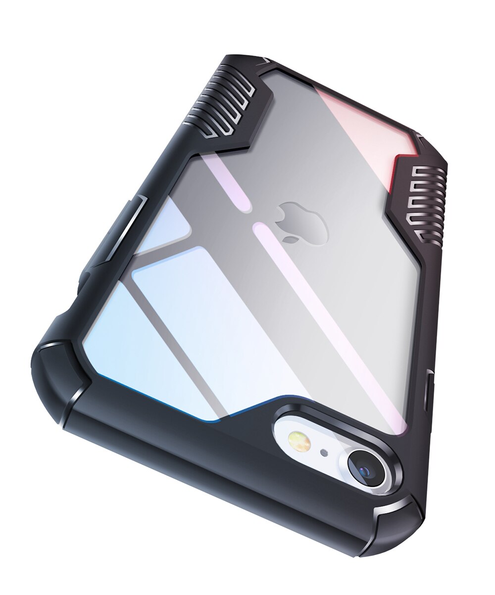 Heavy-duty military-grade shockproof phone case for iPhone SE 2020, 8, and 7, showcasing its transparent design and durable TPU material.