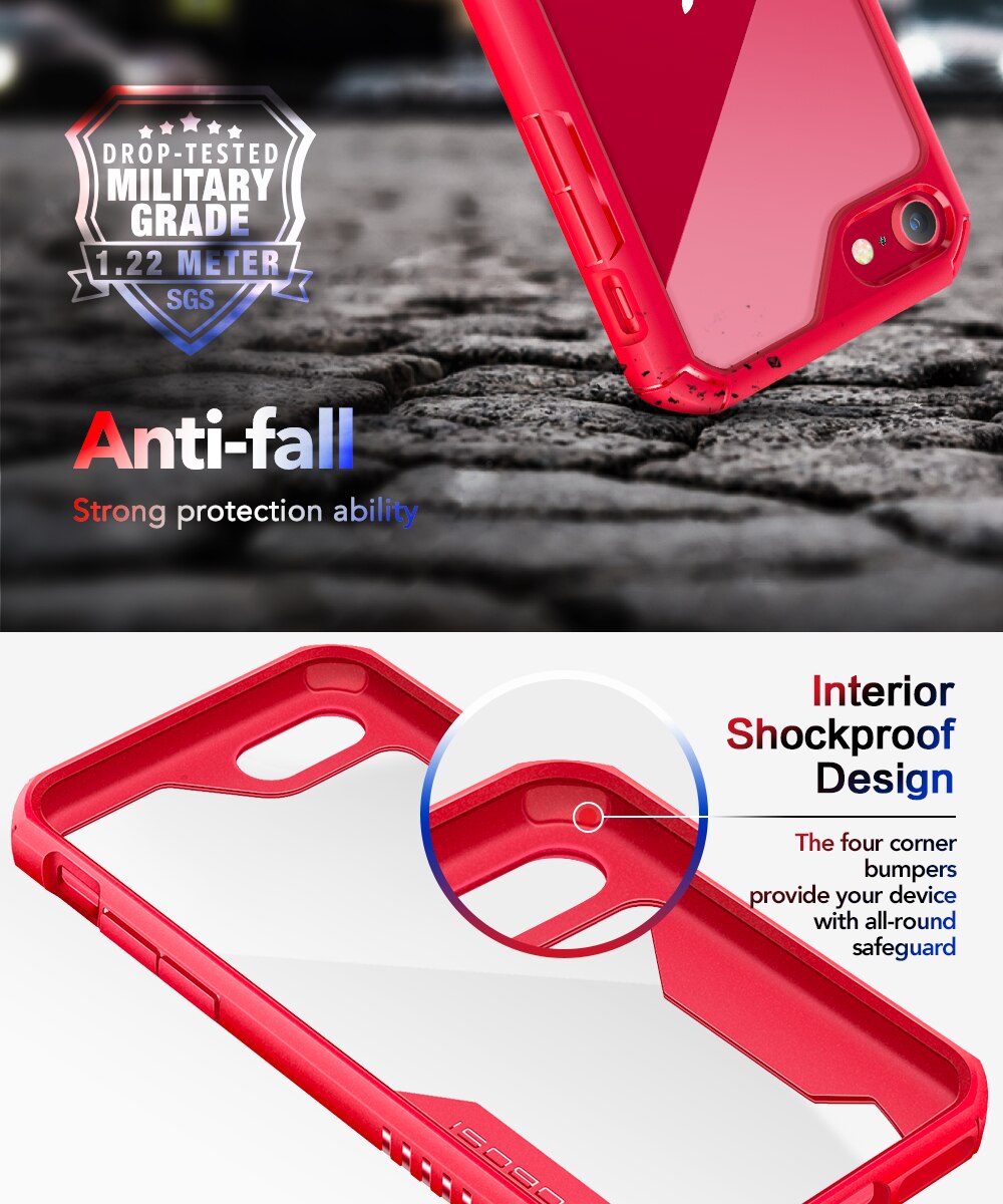 Heavy-duty military-grade shockproof phone case for iPhone SE 2020, 8, and 7, showcasing its transparent design and durable TPU material.