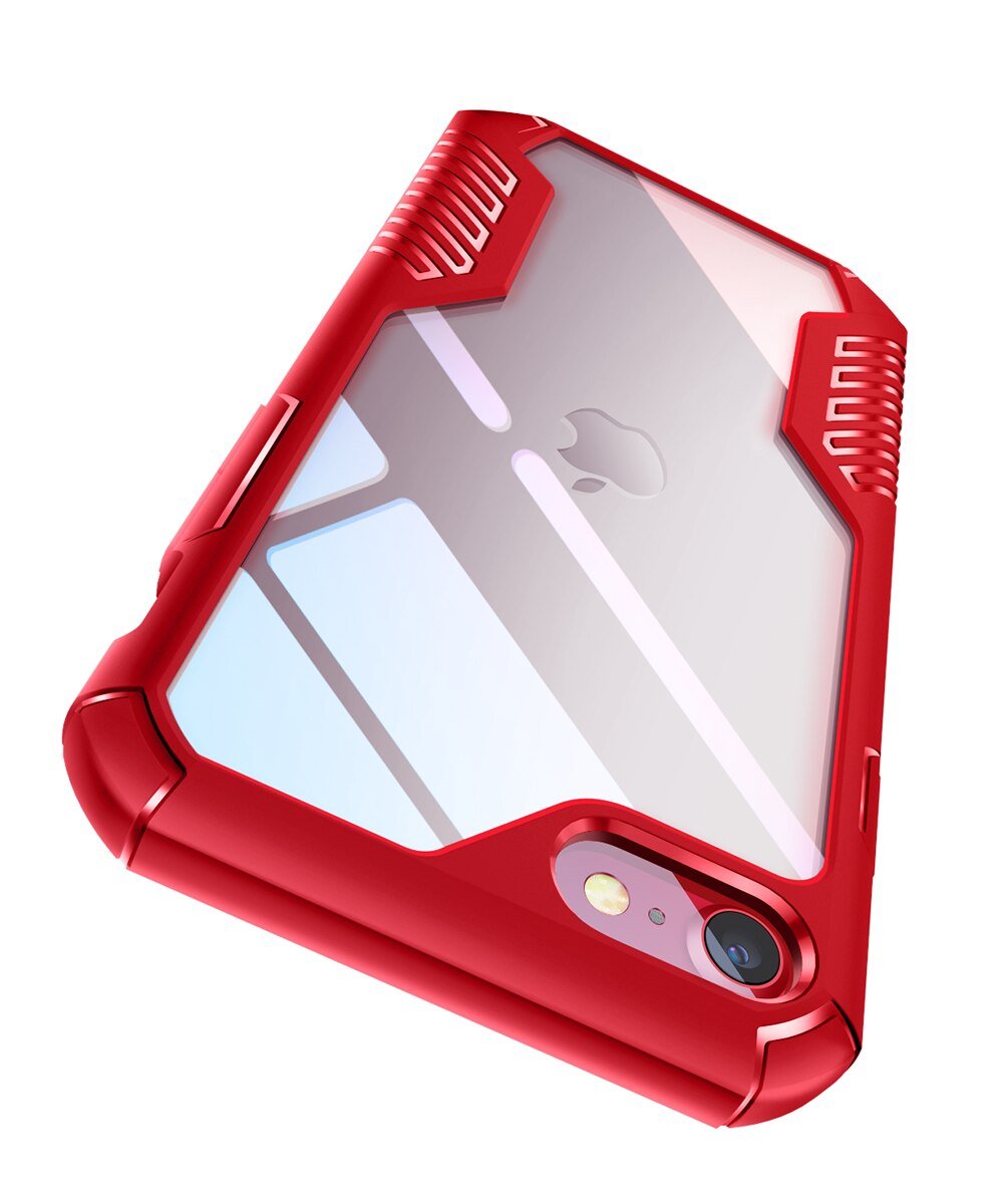 Heavy-duty military-grade shockproof phone case for iPhone SE 2020, 8, and 7, showcasing its transparent design and durable TPU material.