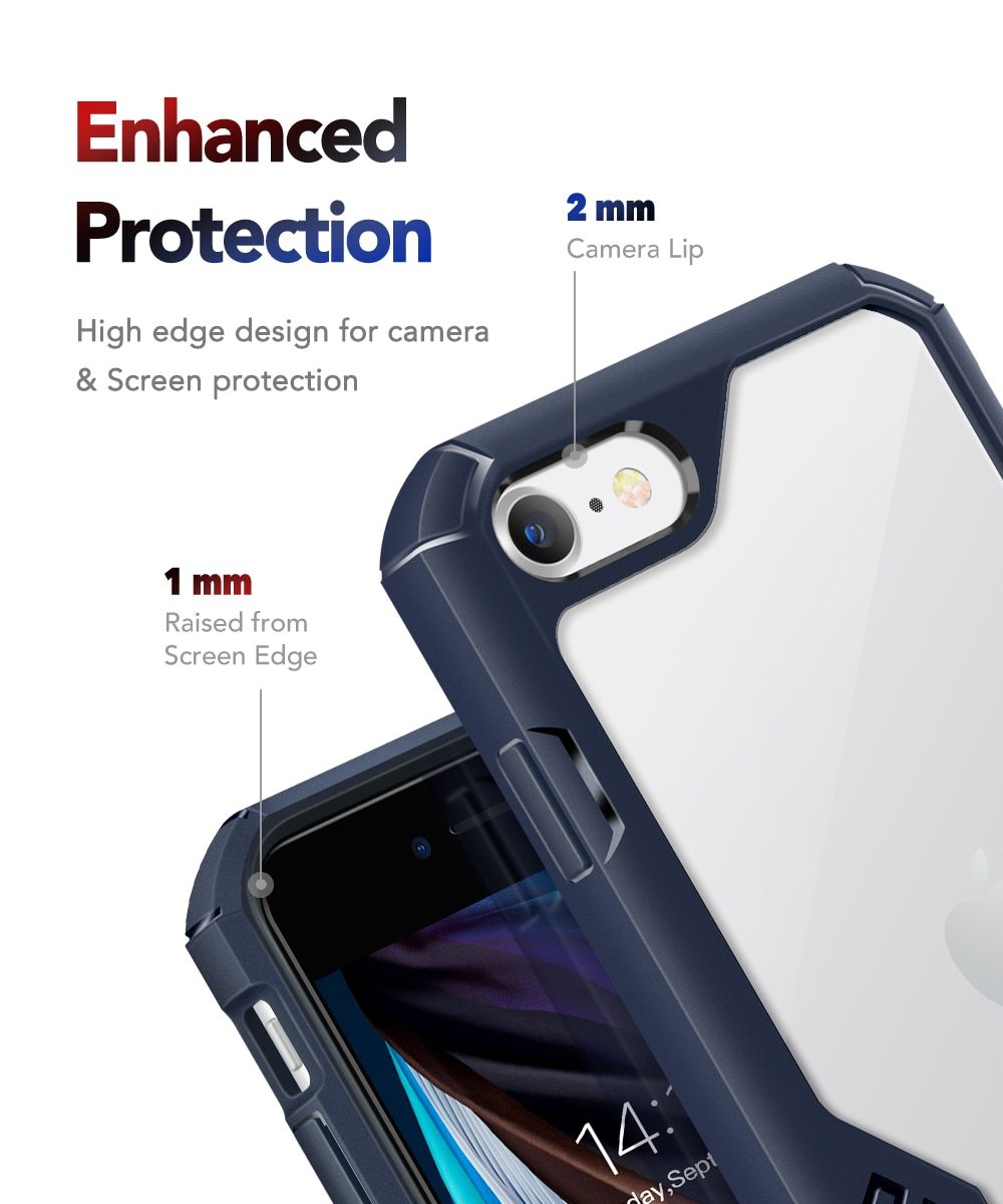 Heavy-duty military-grade shockproof phone case for iPhone SE 2020, 8, and 7, showcasing its transparent design and durable TPU material.