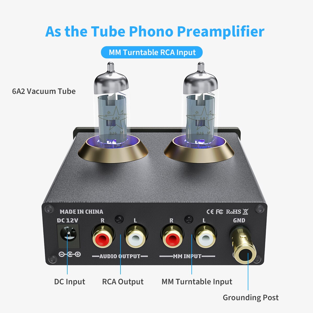 Phonograph Preamplifier Phono Preamp for Turntable, featuring a sleek design with RCA and AUX inputs, ideal for HiFi audio setups.