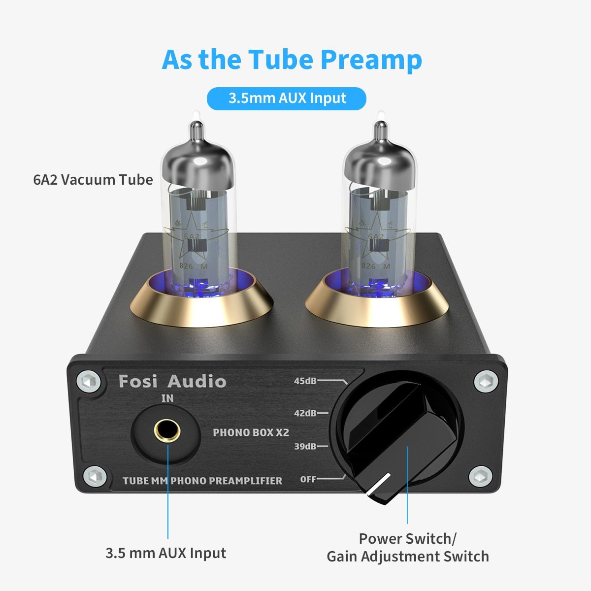 Phonograph Preamplifier Phono Preamp for Turntable, featuring a sleek design with RCA and AUX inputs, ideal for HiFi audio setups.