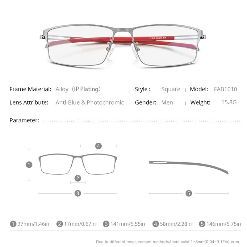 Photochromic gray glasses for men with a titanium alloy square frame, featuring anti-blue light technology and a modern screwless design.