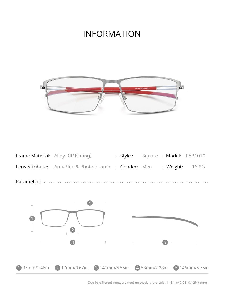 Photochromic gray glasses for men with a titanium alloy square frame, featuring anti-blue light technology and a modern screwless design.