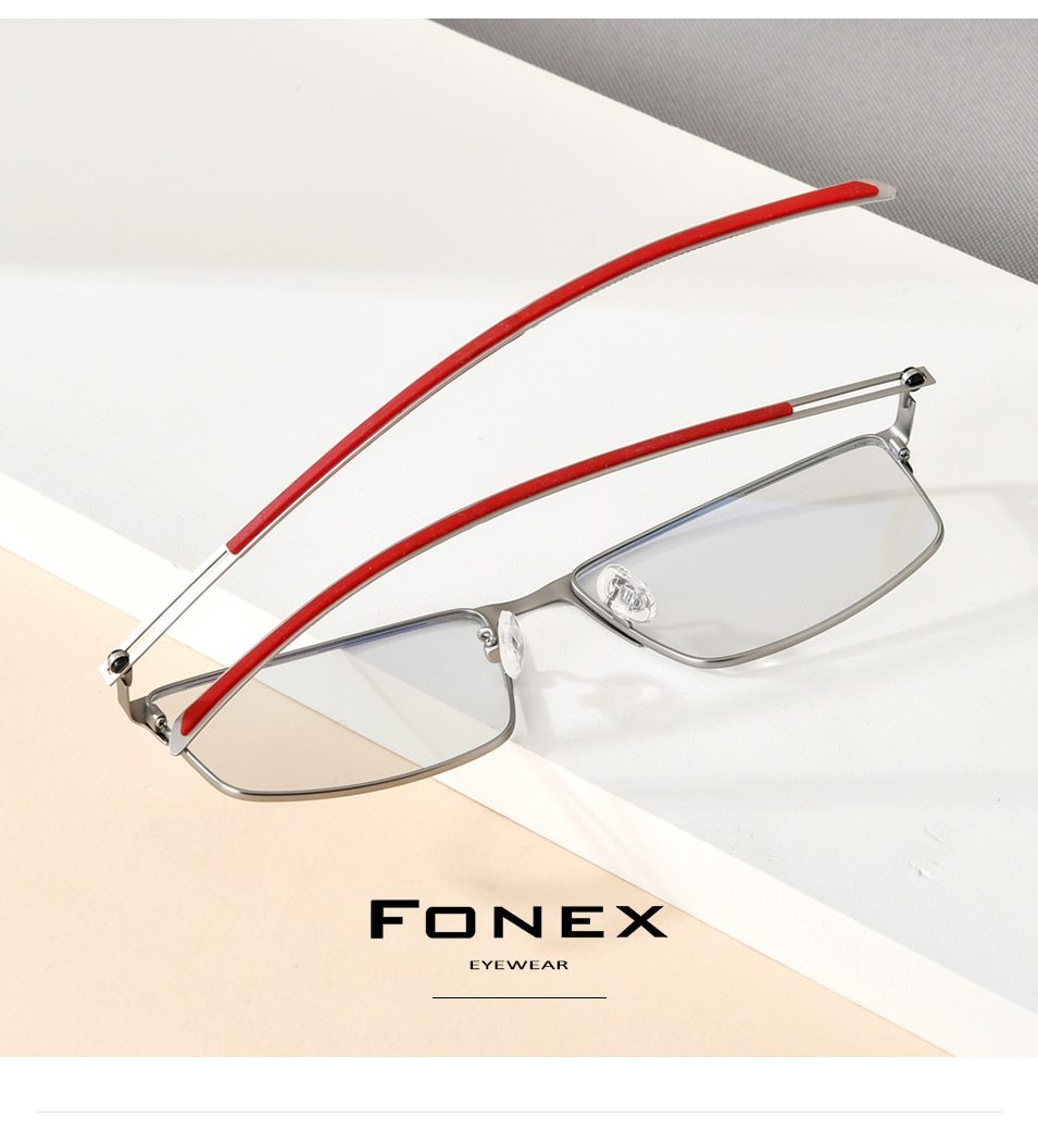 Photochromic gray glasses for men with a titanium alloy square frame, featuring anti-blue light technology and a modern screwless design.