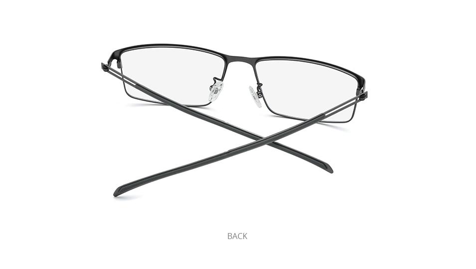 Photochromic gray glasses for men with a titanium alloy square frame, featuring anti-blue light technology and a modern screwless design.