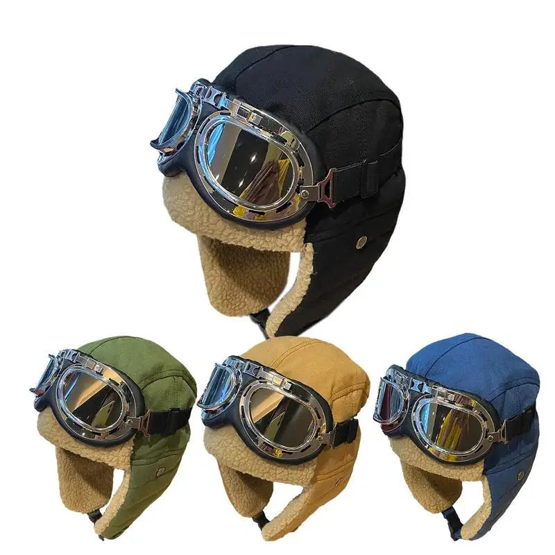 Pilot Costume Hat Beanie with Goggles, featuring plush material and adjustable goggles for outdoor adventures.