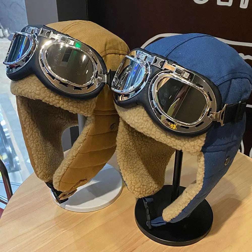 Pilot Costume Hat Beanie with Goggles, featuring plush material and adjustable goggles for outdoor adventures.