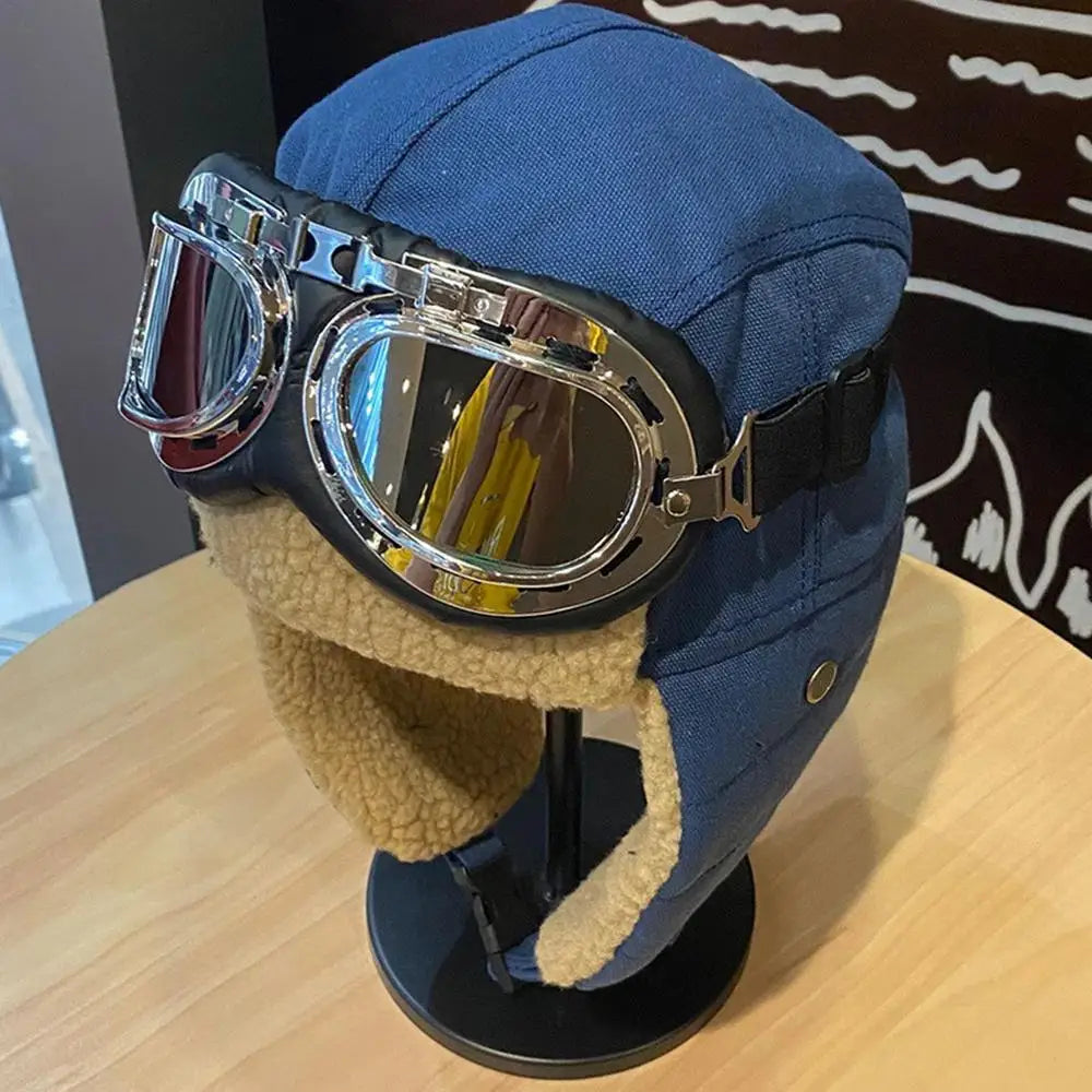 Pilot Costume Hat Beanie with Goggles, featuring plush material and adjustable goggles for outdoor adventures.