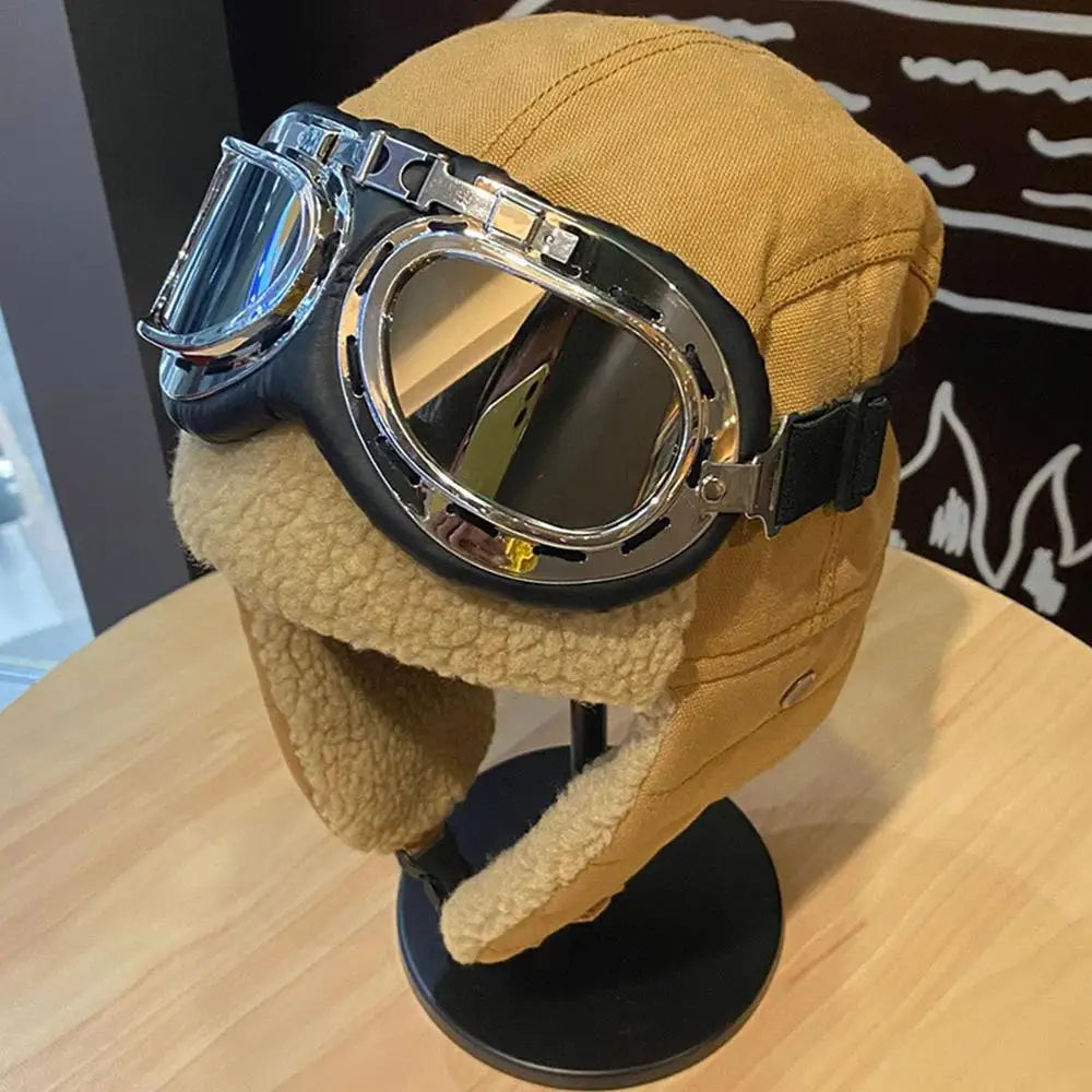 Pilot Costume Hat Beanie with Goggles, featuring plush material and adjustable goggles for outdoor adventures.