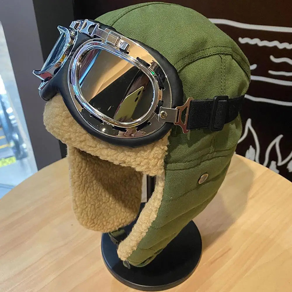 Pilot Costume Hat Beanie with Goggles, featuring plush material and adjustable goggles for outdoor adventures.