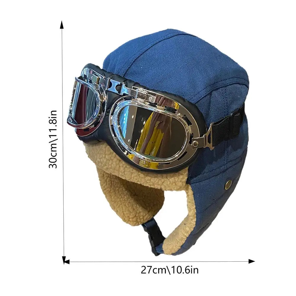 Pilot Costume Hat Beanie with Goggles, featuring plush material and adjustable goggles for outdoor adventures.