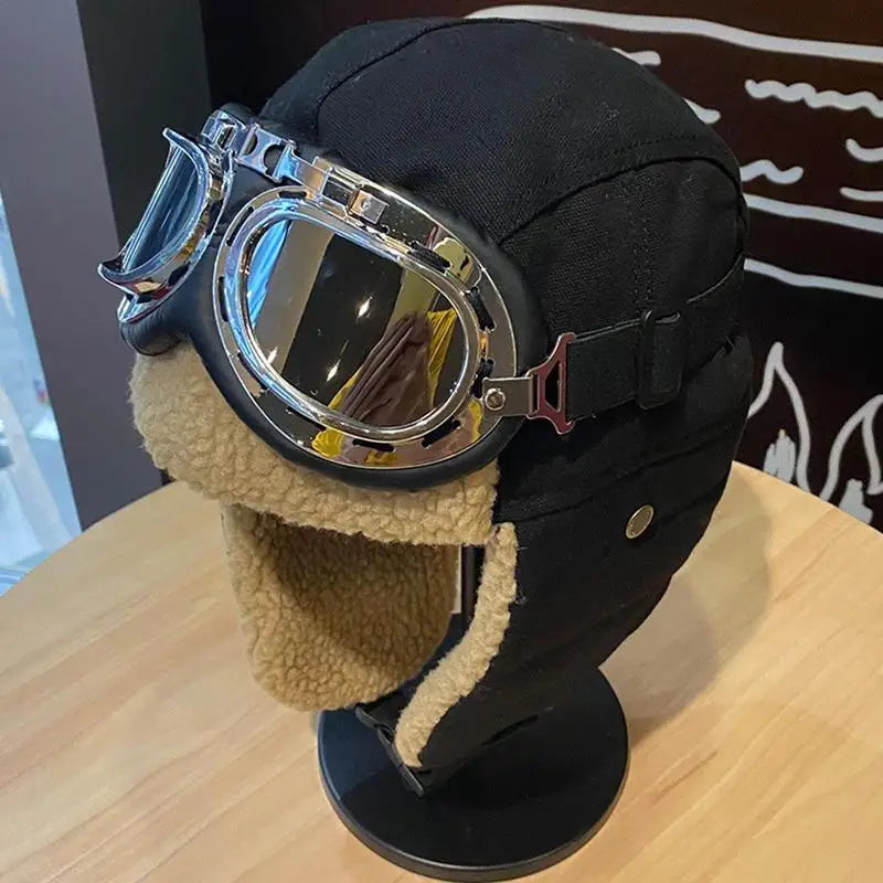 Pilot Costume Hat Beanie with Goggles, featuring plush material and adjustable goggles for outdoor adventures.