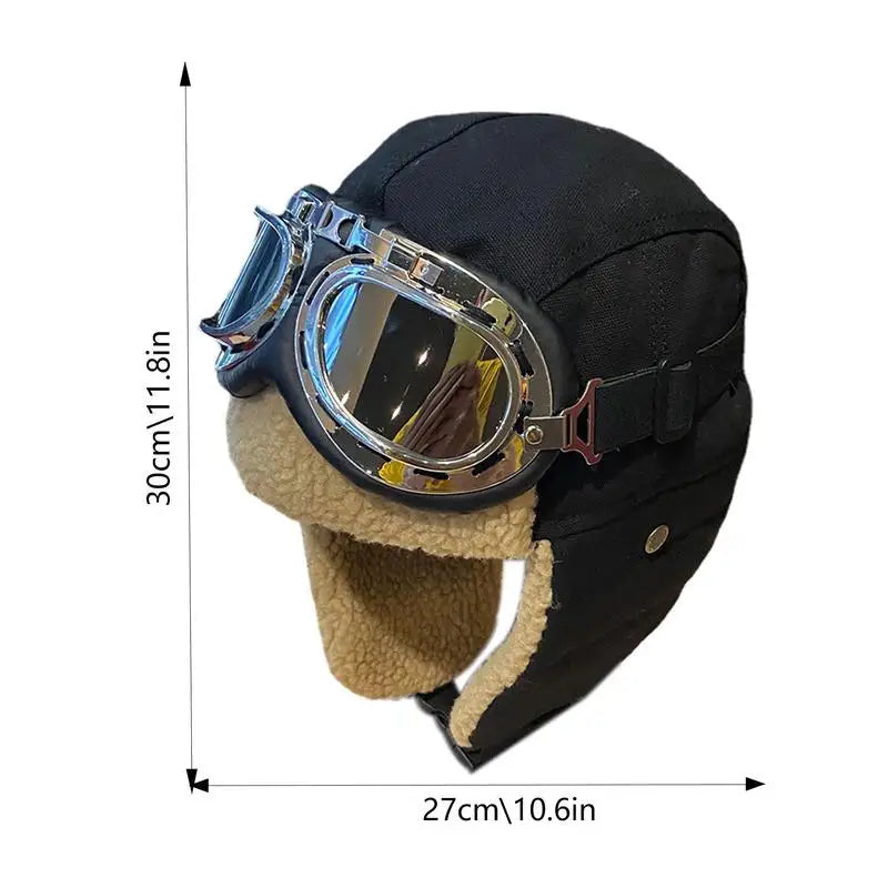 Pilot Costume Hat Beanie with Goggles, featuring plush material and adjustable goggles for outdoor adventures.