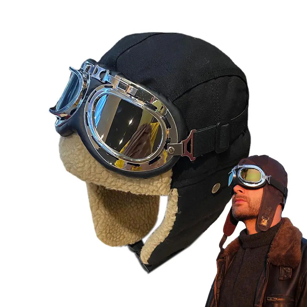 Pilot Costume Hat Beanie with Goggles, featuring plush material and adjustable goggles for outdoor adventures.