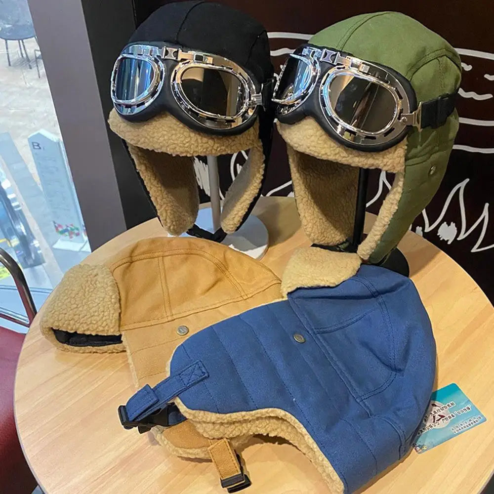 Pilot Costume Hat Beanie with Goggles, featuring plush material and adjustable goggles for outdoor adventures.