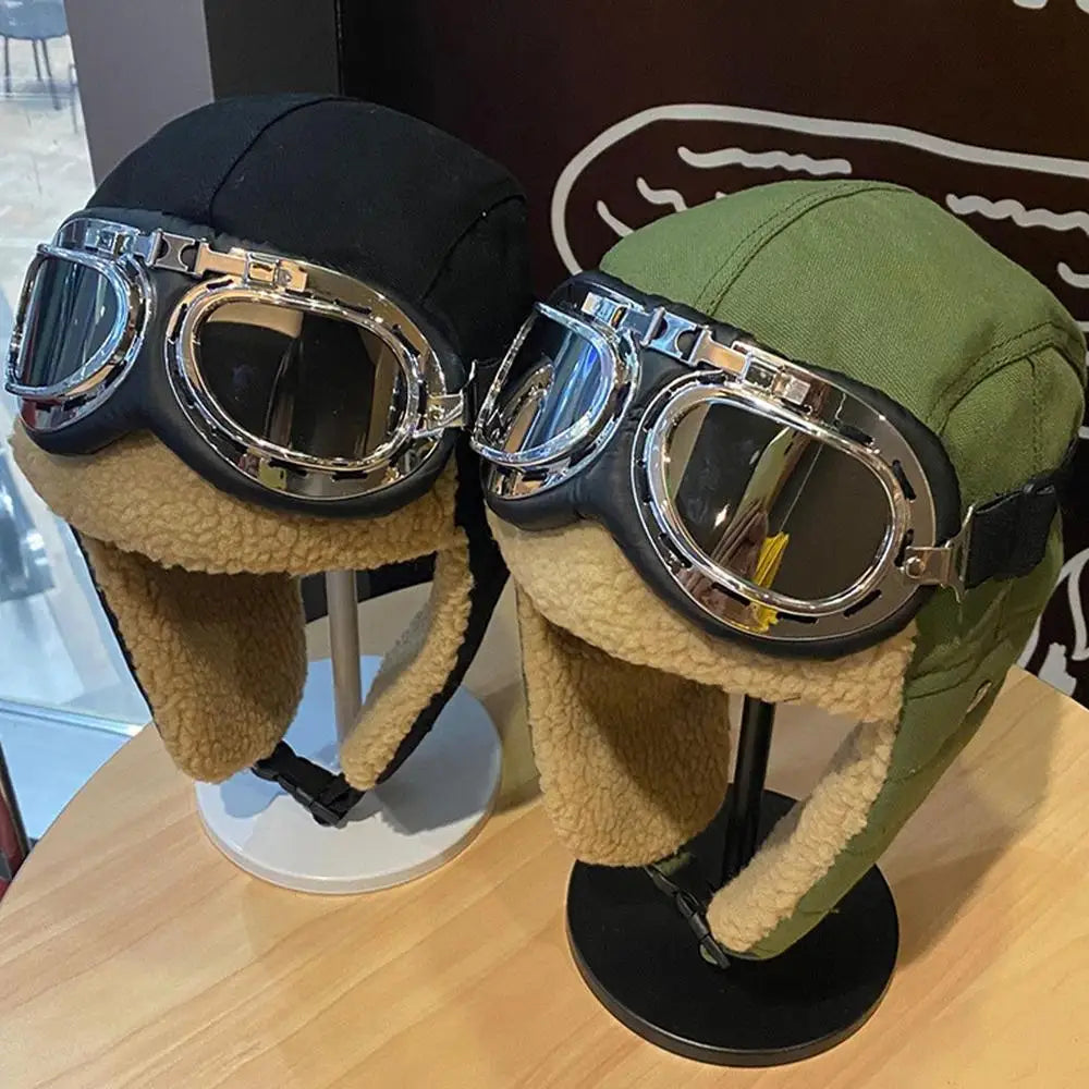 Pilot Costume Hat Beanie with Goggles, featuring plush material and adjustable goggles for outdoor adventures.