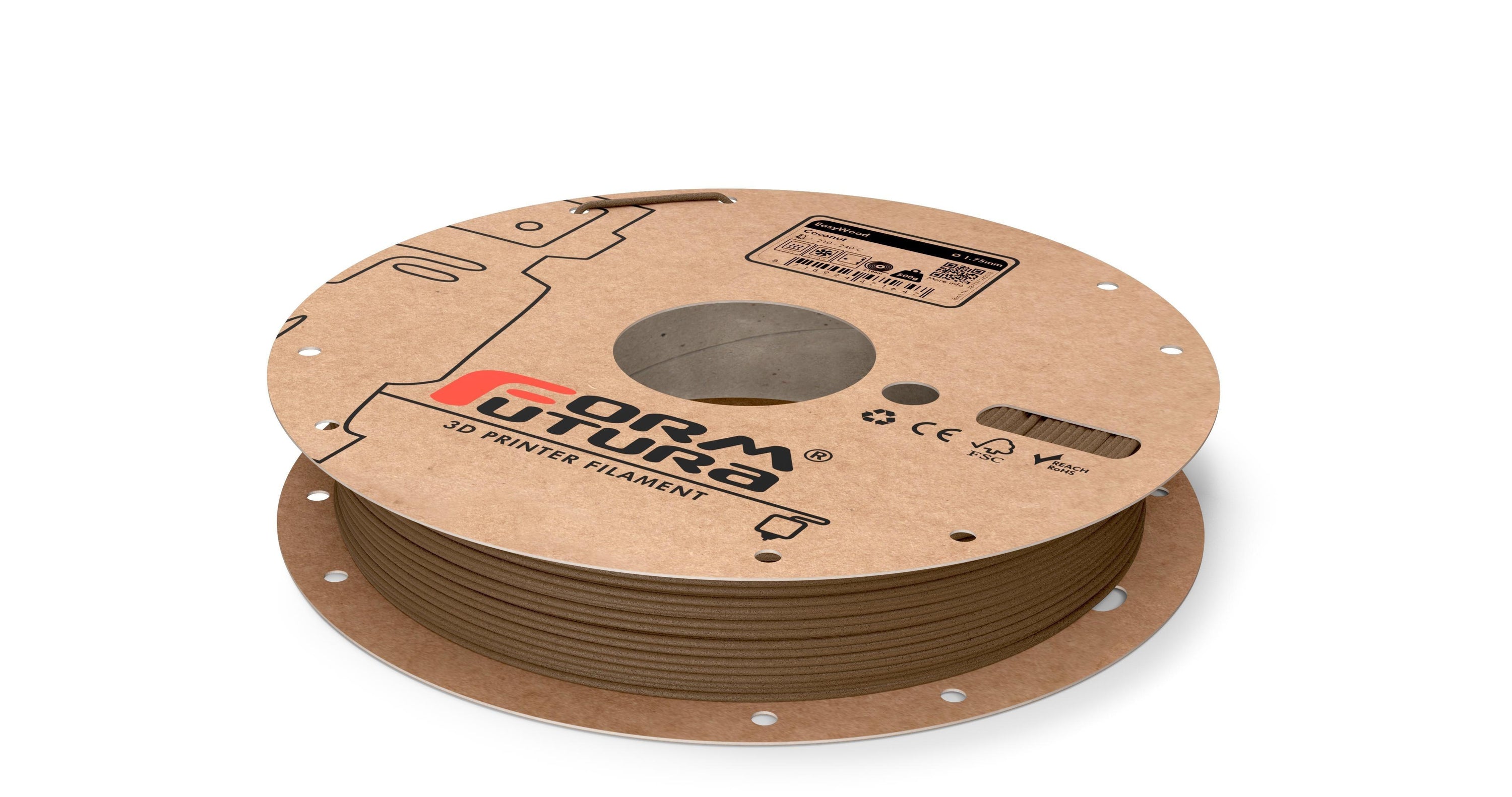 FormFortura EasyWood PLA Filament spool showcasing its wood-filled texture and packaging, ideal for 3D printing projects.