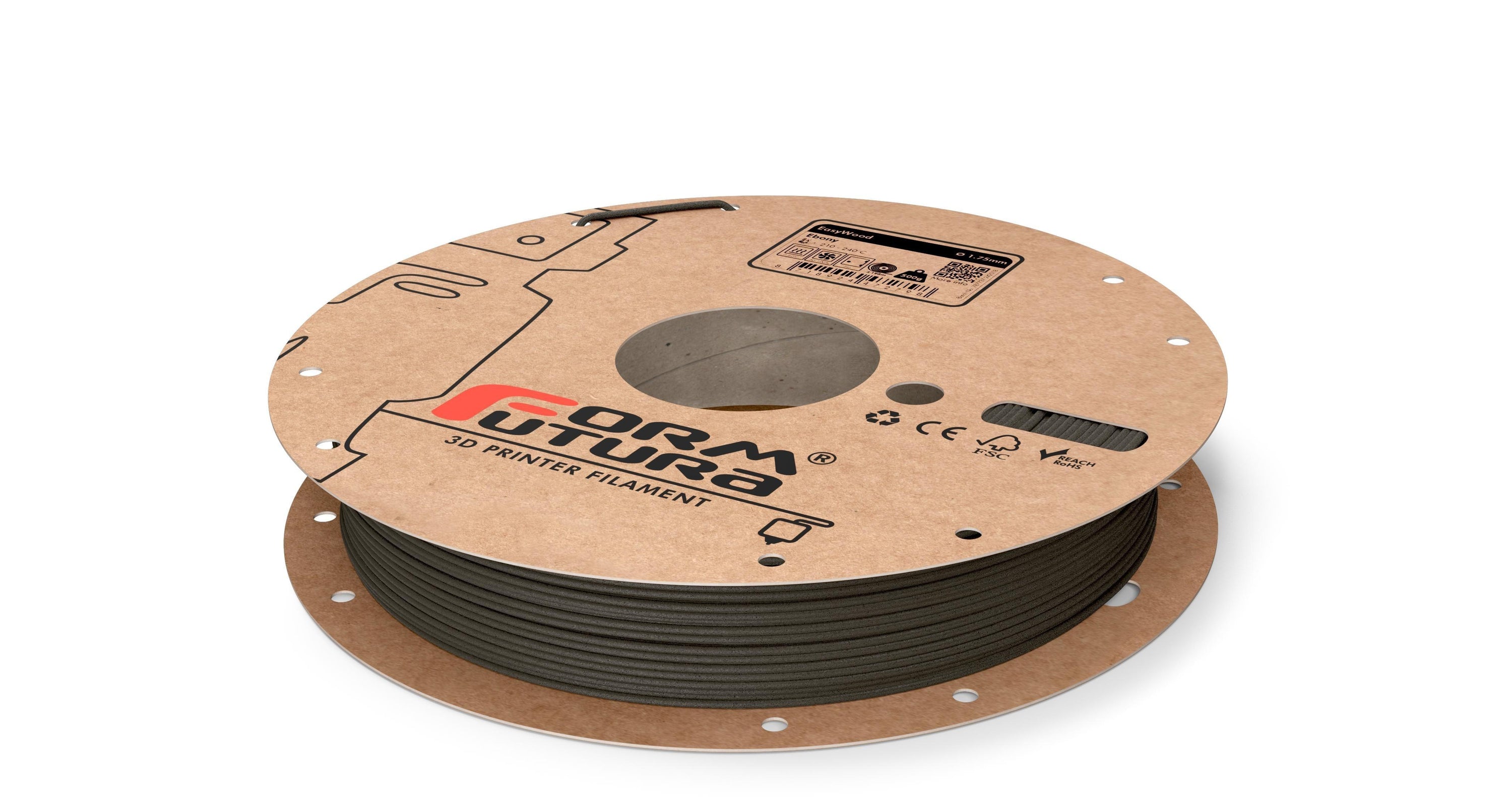 FormFortura EasyWood PLA Filament spool showcasing its wood-filled texture and packaging, ideal for 3D printing projects.