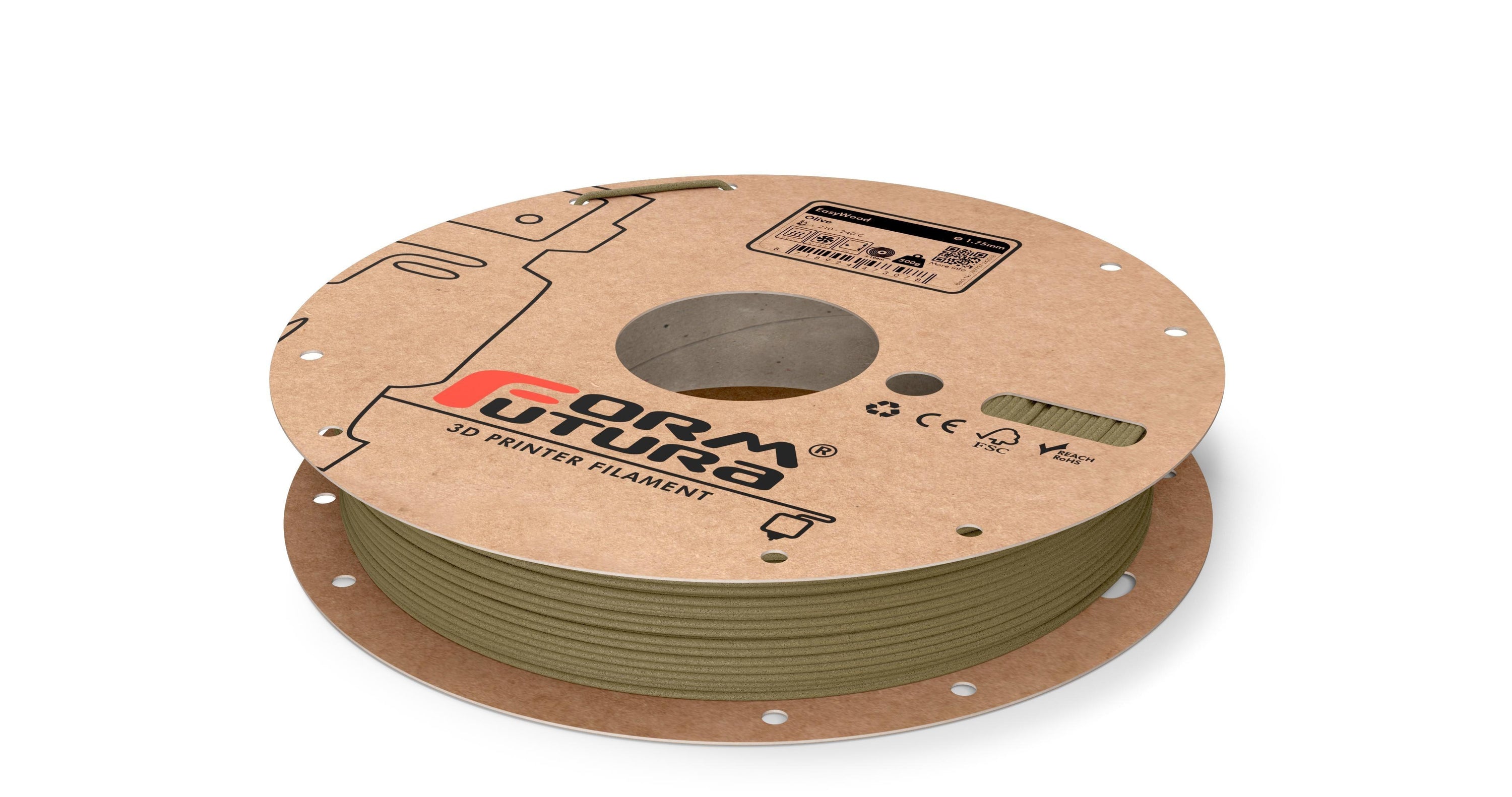 FormFortura EasyWood PLA Filament spool showcasing its wood-filled texture and packaging, ideal for 3D printing projects.