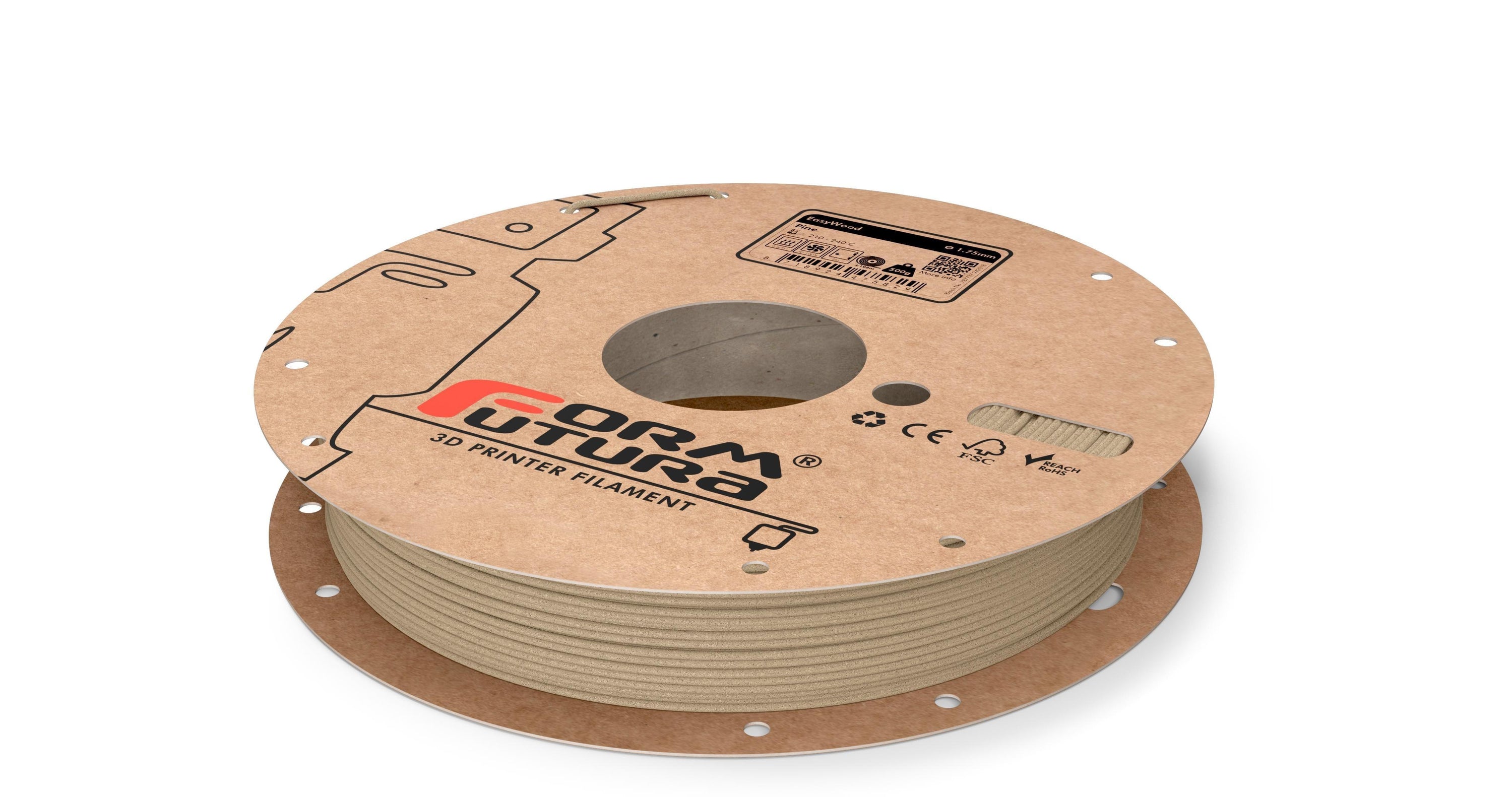 FormFortura EasyWood PLA Filament spool showcasing its wood-filled texture and packaging, ideal for 3D printing projects.