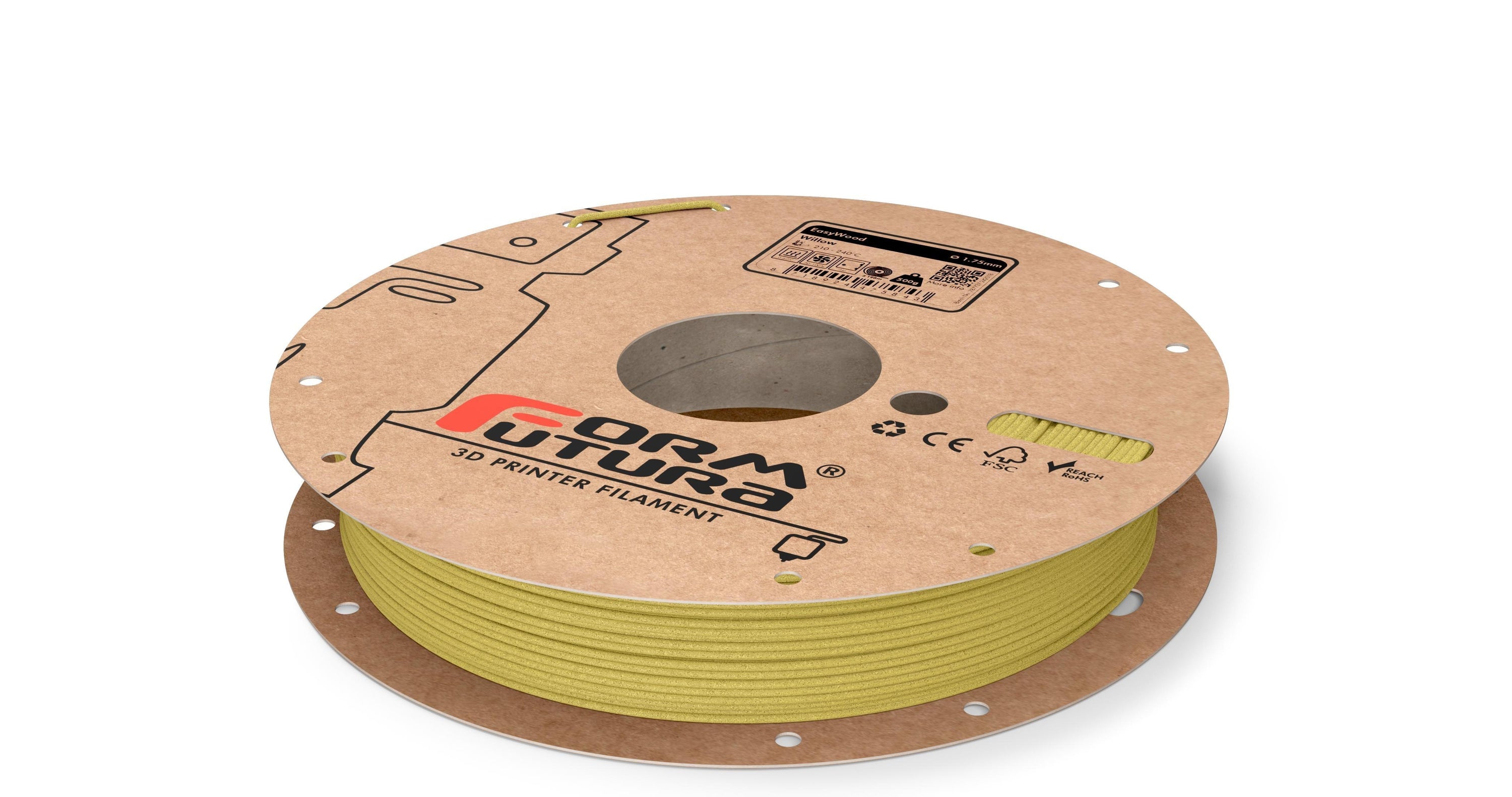 FormFortura EasyWood PLA Filament spool showcasing its wood-filled texture and packaging, ideal for 3D printing projects.