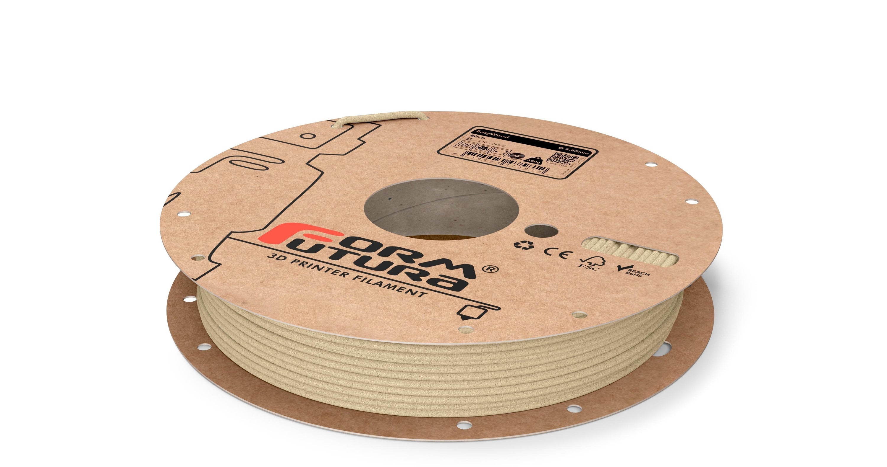 FormFortura EasyWood PLA Filament spool showcasing its wood-filled texture and packaging, ideal for 3D printing projects.