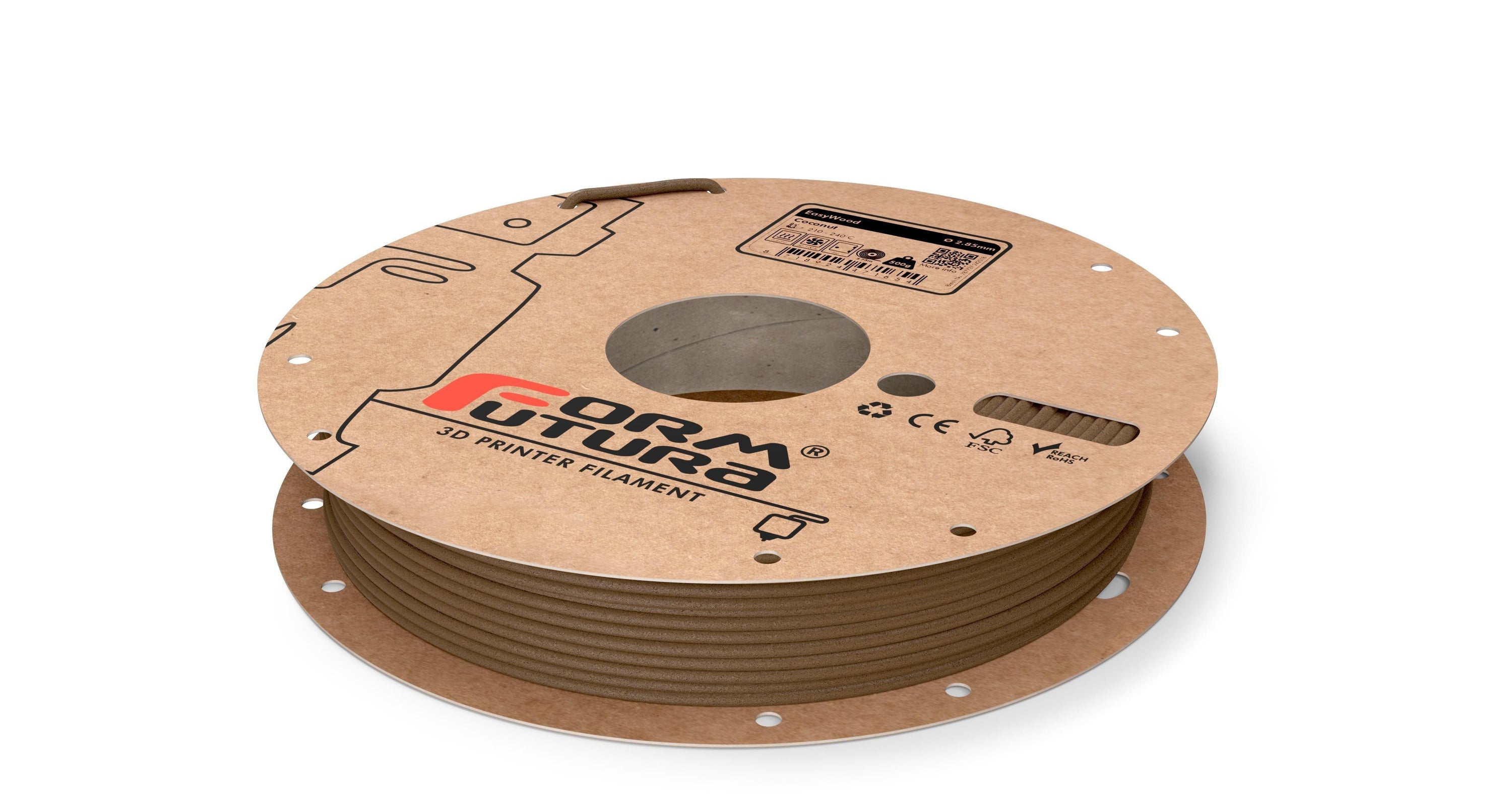 FormFortura EasyWood PLA Filament spool showcasing its wood-filled texture and packaging, ideal for 3D printing projects.