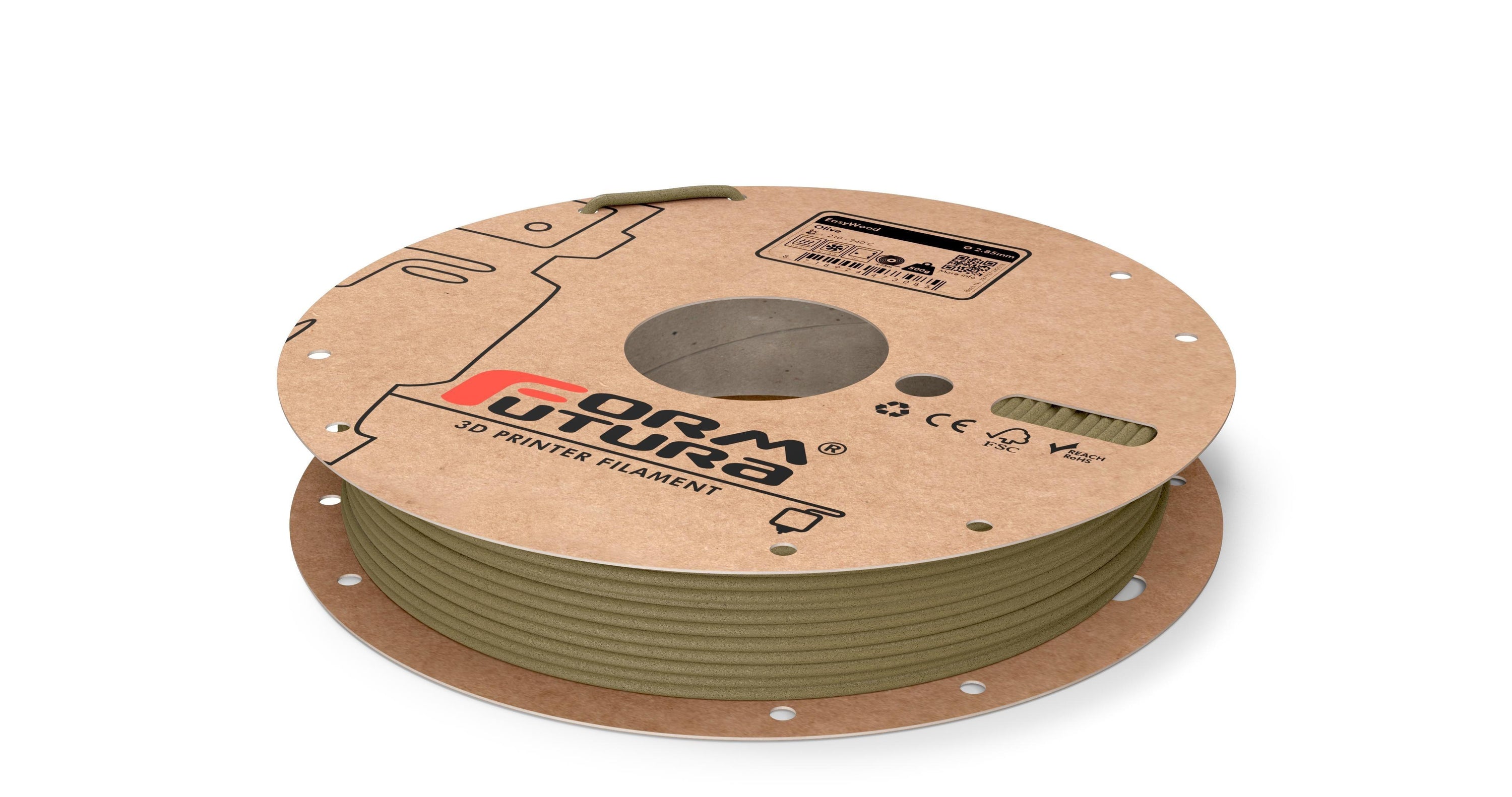 FormFortura EasyWood PLA Filament spool showcasing its wood-filled texture and packaging, ideal for 3D printing projects.