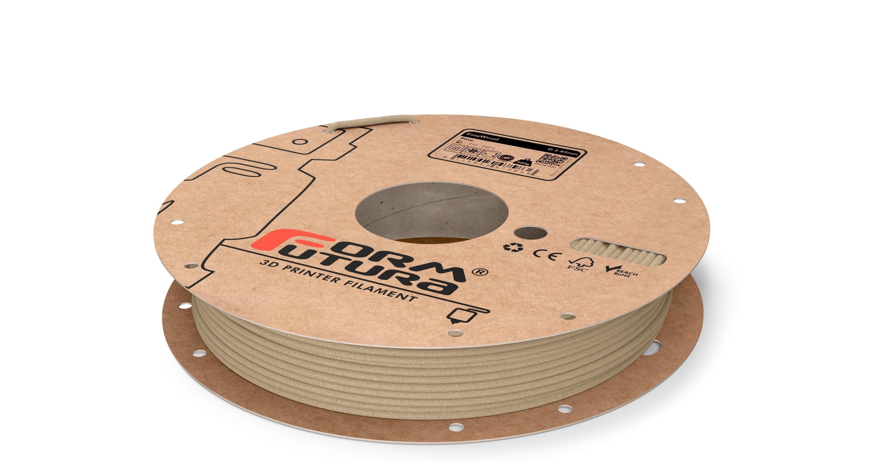 FormFortura EasyWood PLA Filament spool showcasing its wood-filled texture and packaging, ideal for 3D printing projects.