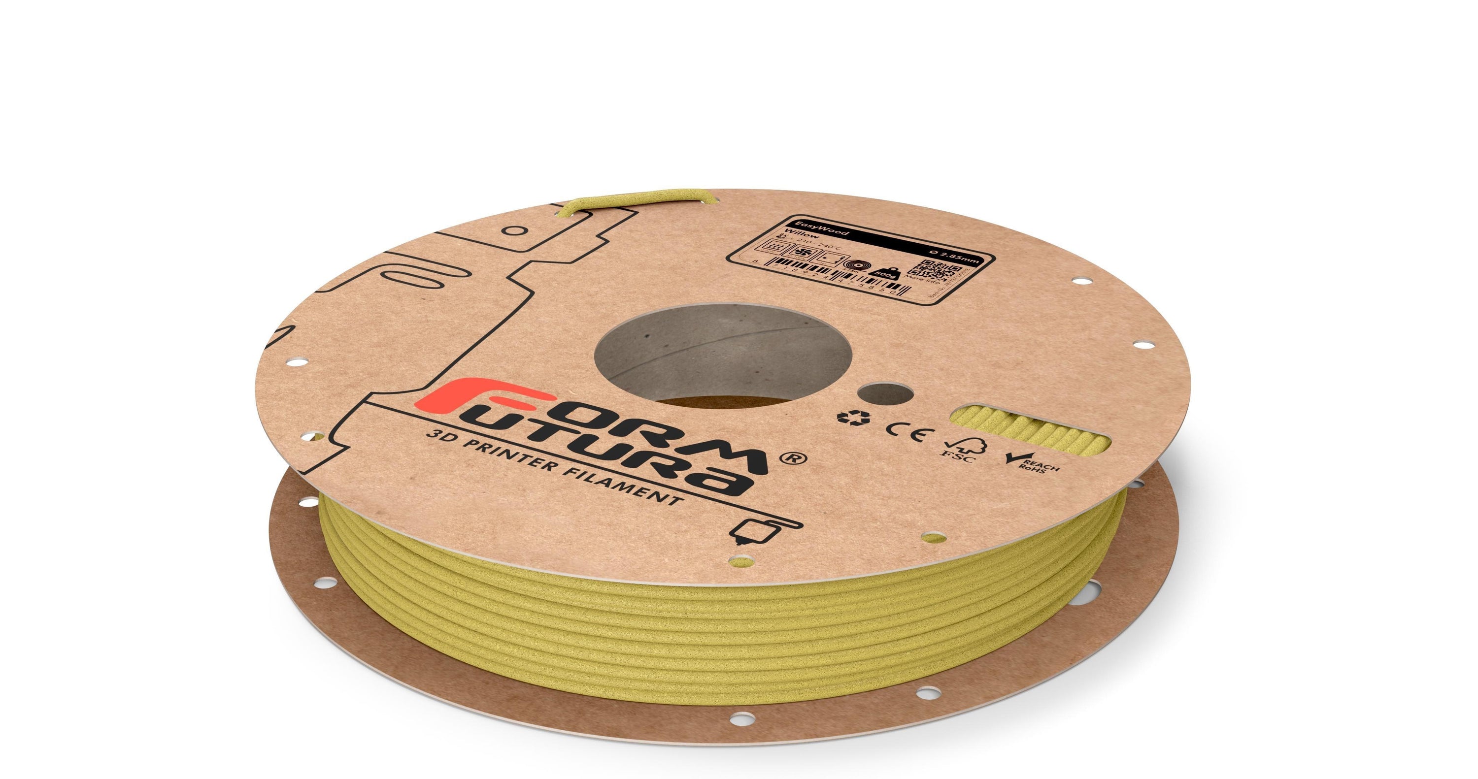 FormFortura EasyWood PLA Filament spool showcasing its wood-filled texture and packaging, ideal for 3D printing projects.