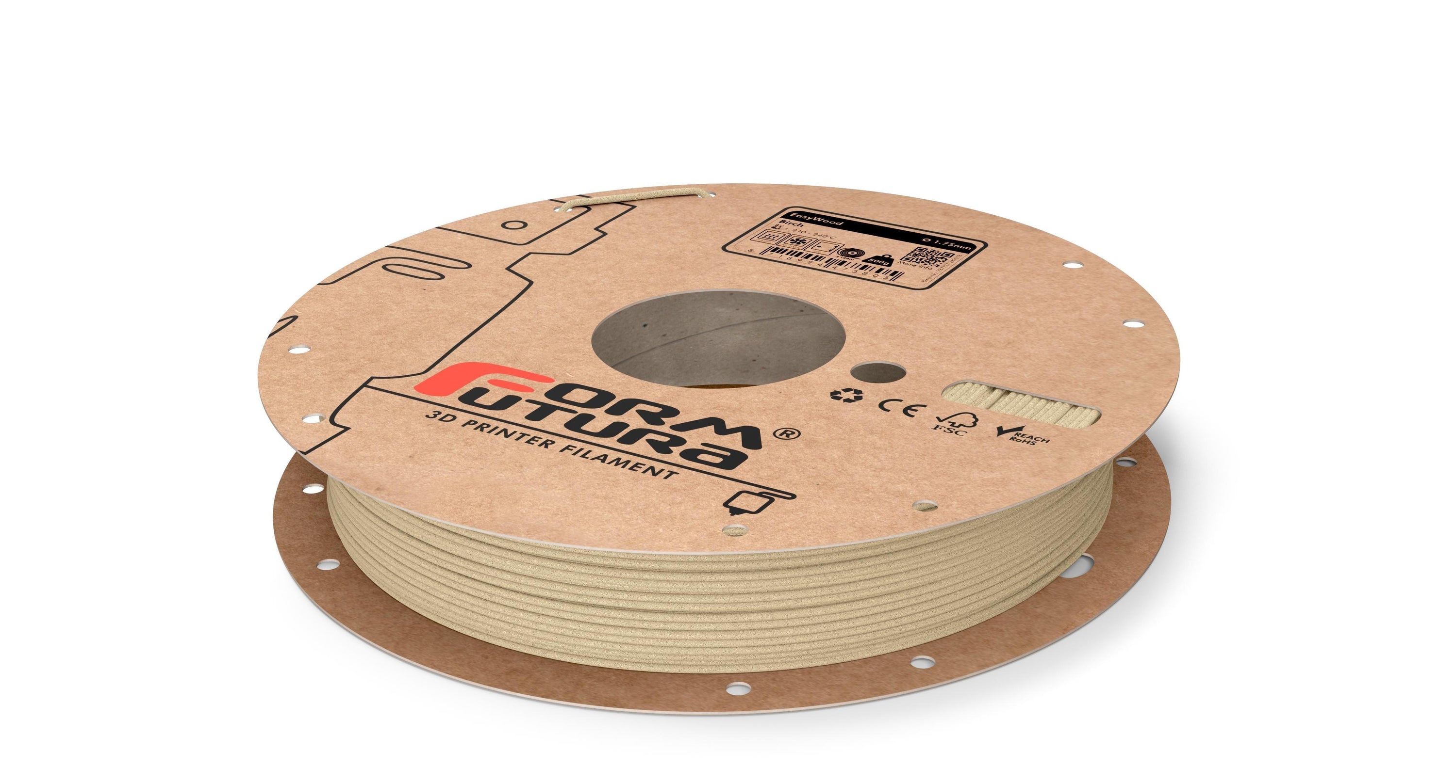 FormFortura EasyWood PLA Filament spool showcasing its wood-filled texture and packaging, ideal for 3D printing projects.