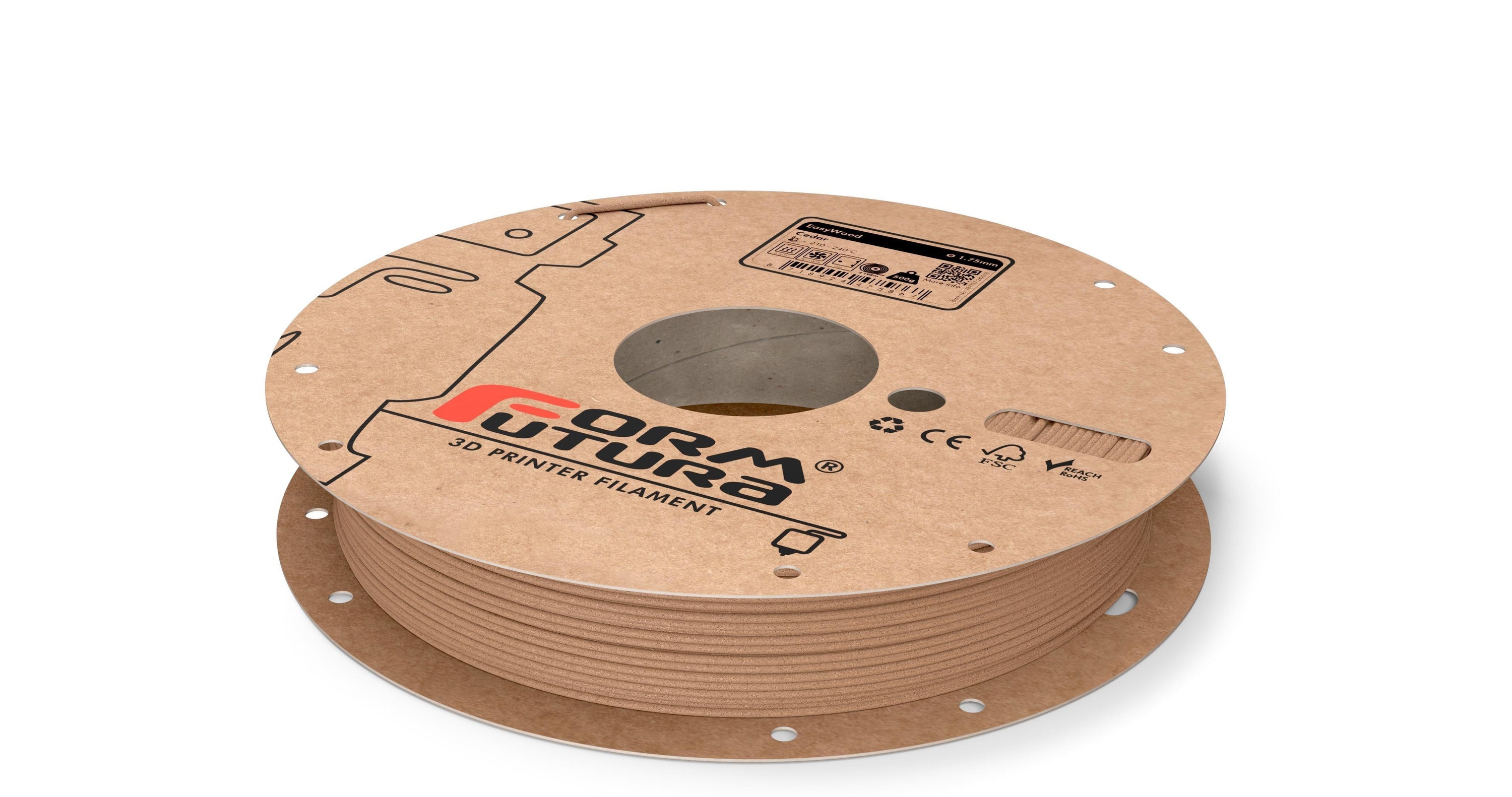 FormFortura EasyWood PLA Filament spool showcasing its wood-filled texture and packaging, ideal for 3D printing projects.