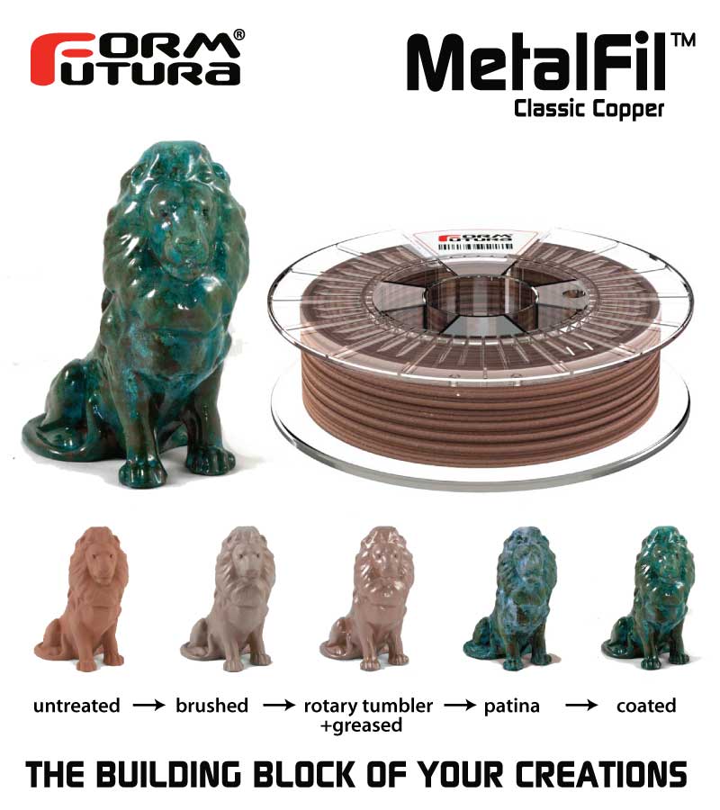 FormFutura MetalFil Classic Copper PLA filament spool showcasing its rich copper color and texture, ideal for 3D printing.