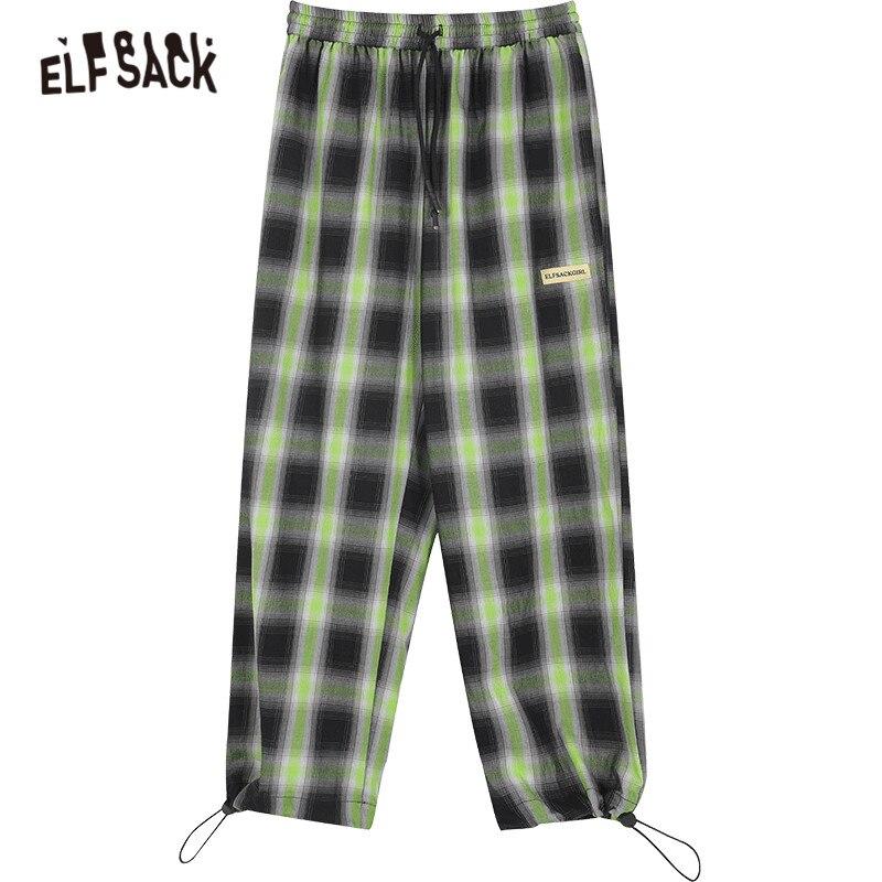 Plaid British high waist straight casual women pants in a minimalist style, featuring wide legs and an elastic waist, perfect for summer wear.