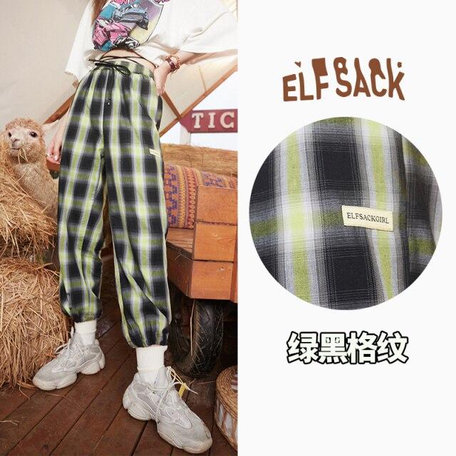 Plaid British high waist straight casual women pants in a minimalist style, featuring wide legs and an elastic waist, perfect for summer wear.