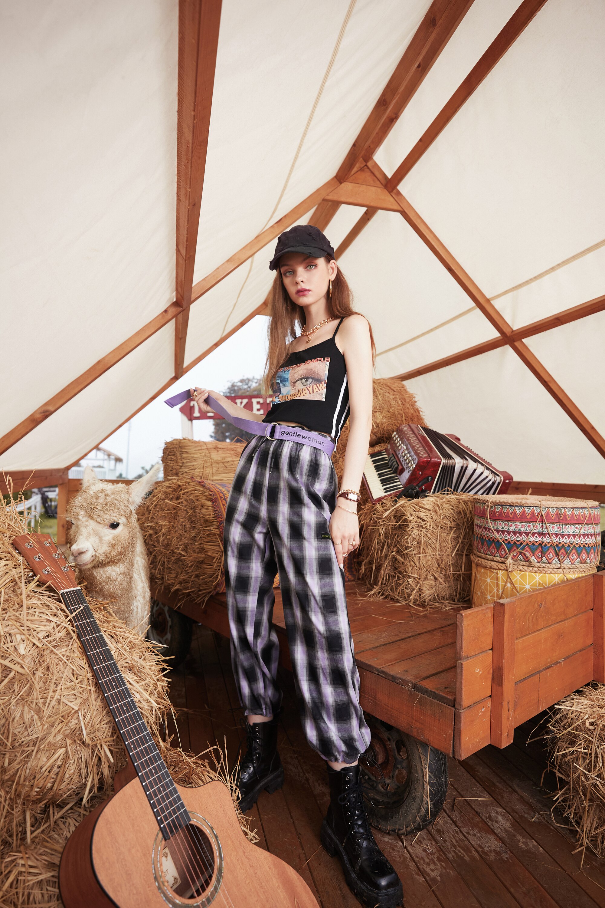 Plaid British high waist straight casual women pants in a minimalist style, featuring wide legs and an elastic waist, perfect for summer wear.