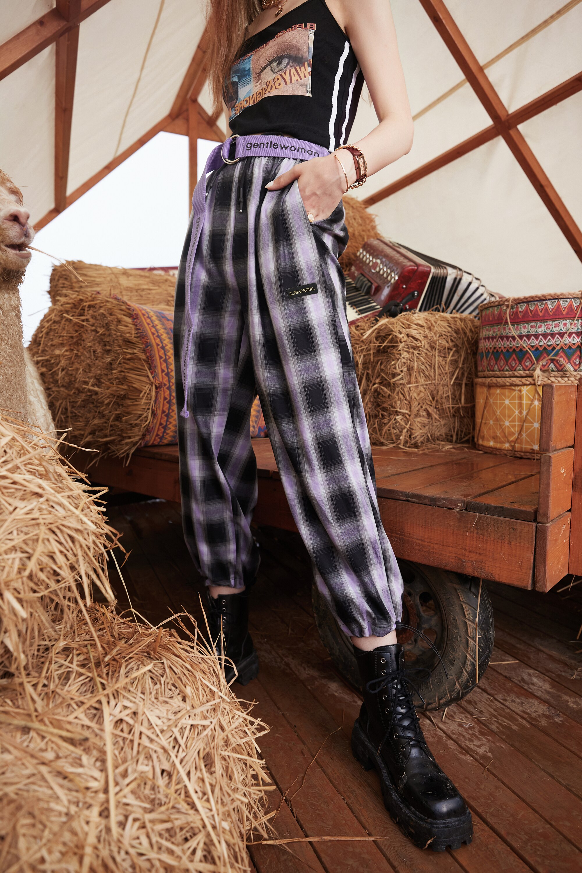 Plaid British high waist straight casual women pants in a minimalist style, featuring wide legs and an elastic waist, perfect for summer wear.