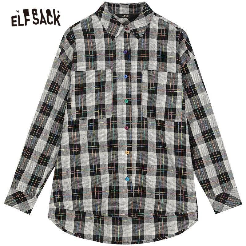 Plaid British single breasted casual shirt for women in black and white, featuring full sleeves and a turn-down collar, perfect for spring vintage style.