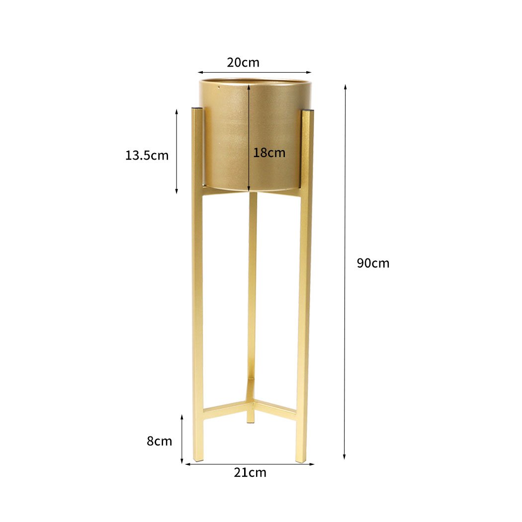 Elegant metal plant stand with a gold finish, showcasing a beautiful flower pot, perfect for home and garden decor.