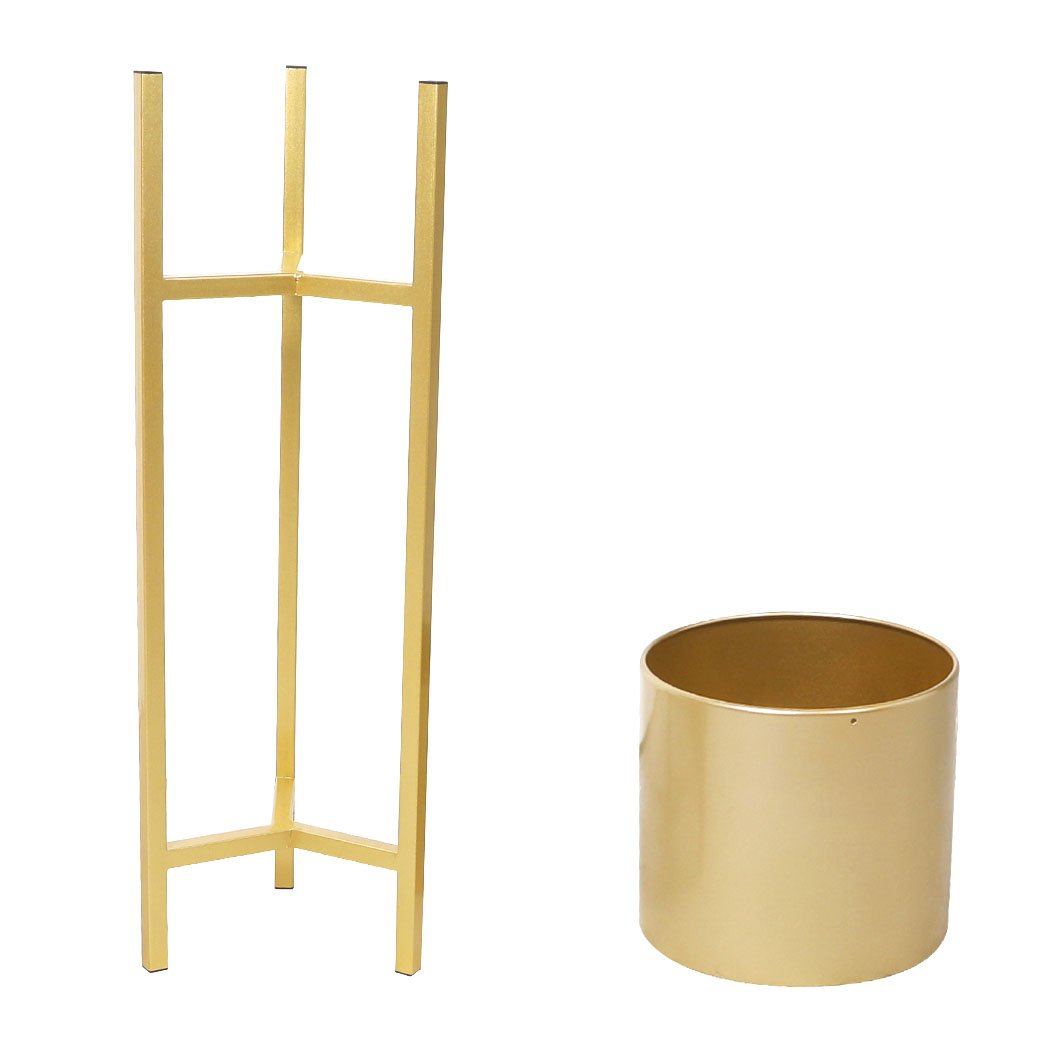 Elegant metal plant stand with a gold finish, showcasing a beautiful flower pot, perfect for home and garden decor.