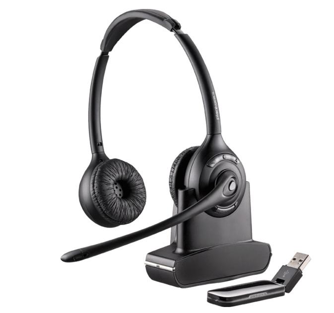 Plantronics Savi W420-M Over-the-Head Stereo UC PC Wireless Headset showcasing its sleek design and comfortable ear cushions.